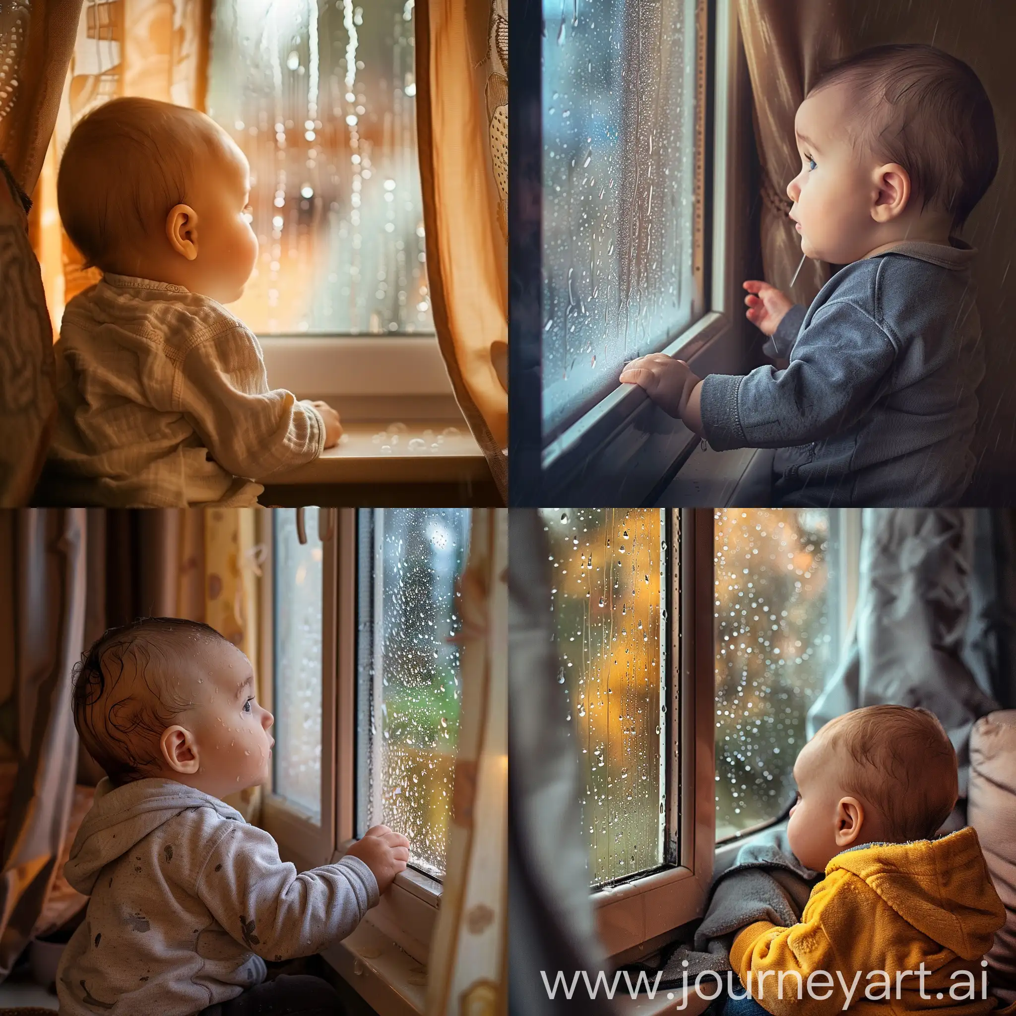 Infant-Boy-Gazing-at-Rain-Through-Room-Window