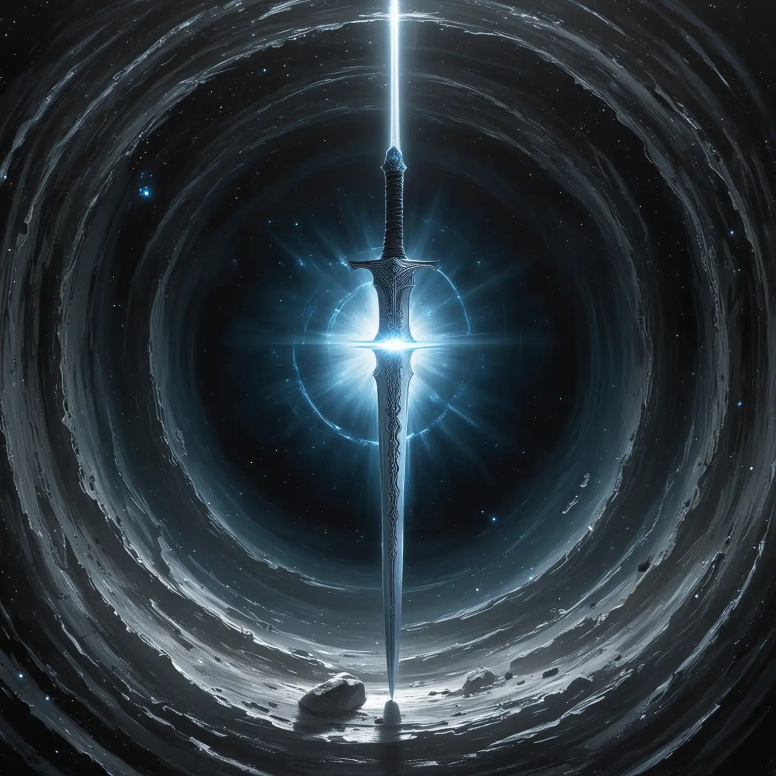 Black hole, silver-blue light, silver sword