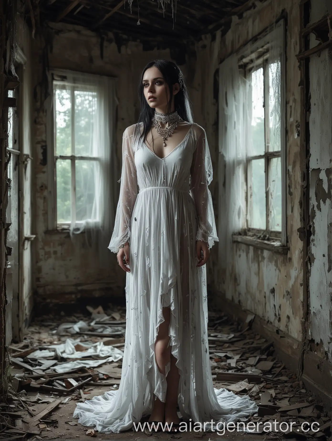 Beautiful hot gothic girl dressed as a ghost in abandoned house, see through white dress, gothic jewellery 