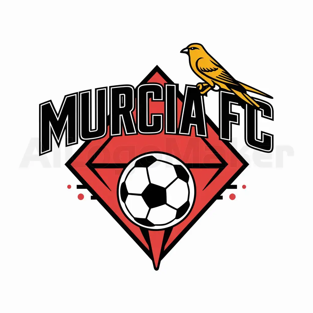 a logo design,with the text "MURCIA FC", main symbol:red diamond with a white soccer ball in the middle and a yellow bird on top,Moderate,be used in Sports Fitness industry,clear background