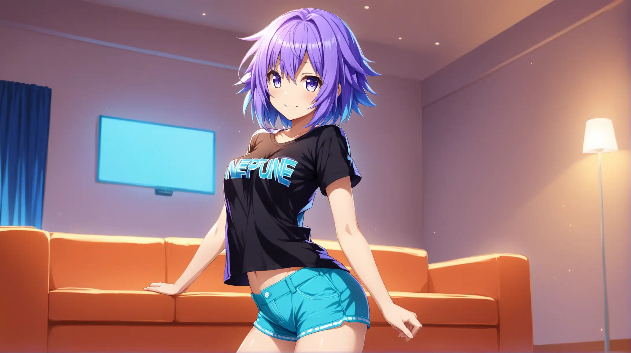 Draw the character Neptune from Hyperdimension Neptunia, short hair, high quality, ambient lighting, long shot, indoors, living room, seductive pose, shorts and a t-shirt, revealing, smiling at the viewer