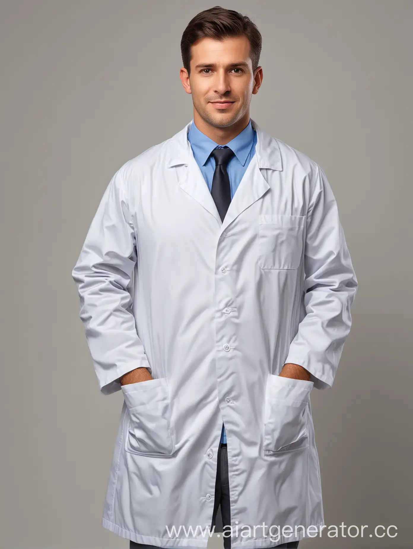 Доктор-мужчина на белом фоне, в белом халате 