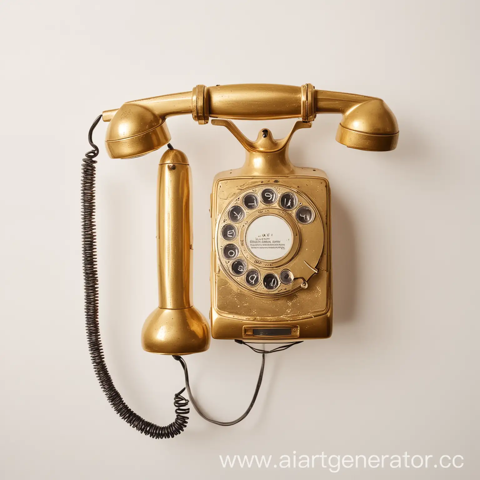 Золотой старый телефон с повешенной трубкой на белом фоне