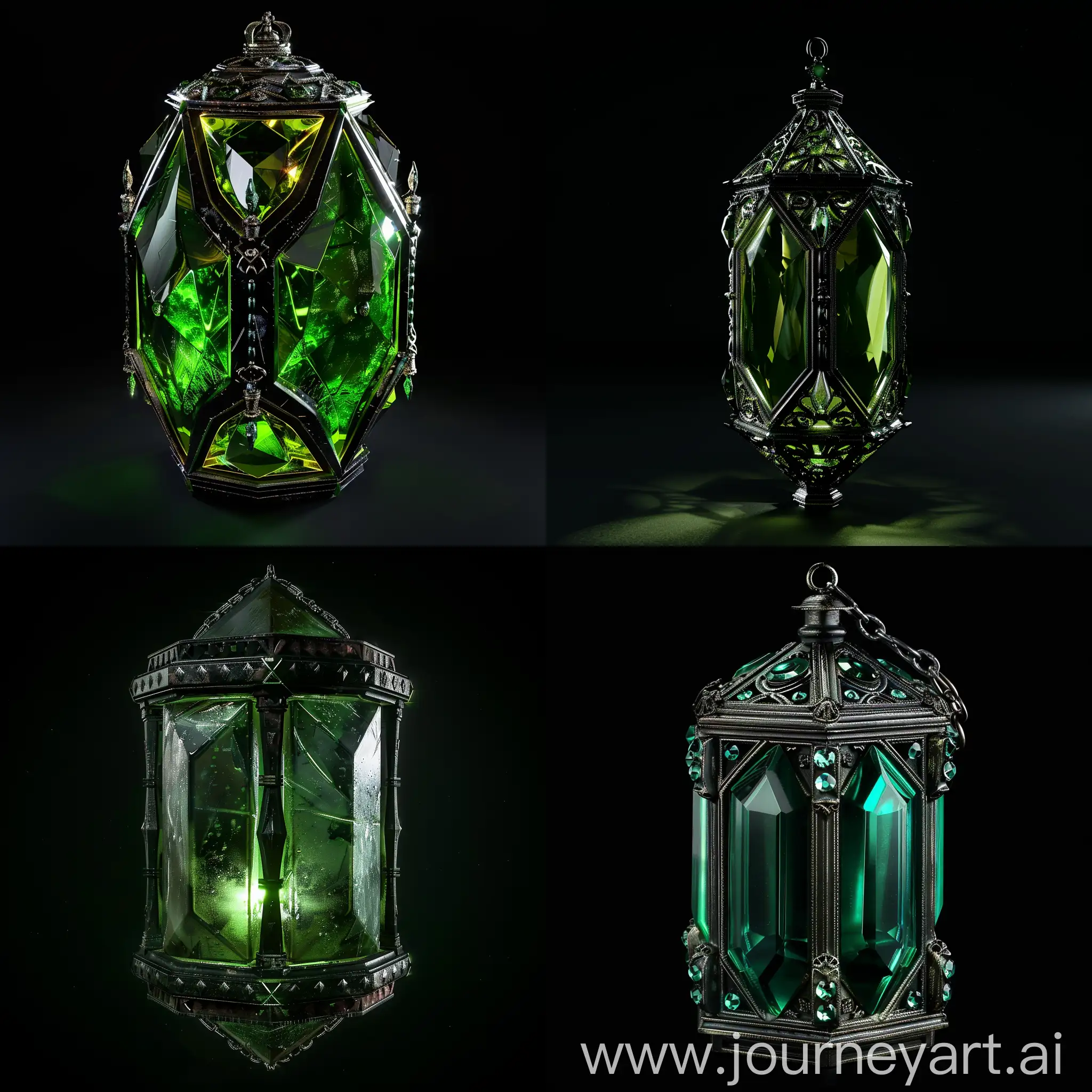 Dark-Crystal-Lantern-with-Shiny-Green-Edges-on-Black-Background