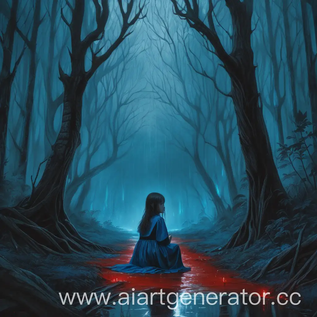 A girl in a dark forest in blue tones sits in the middle of a path while it rains blood