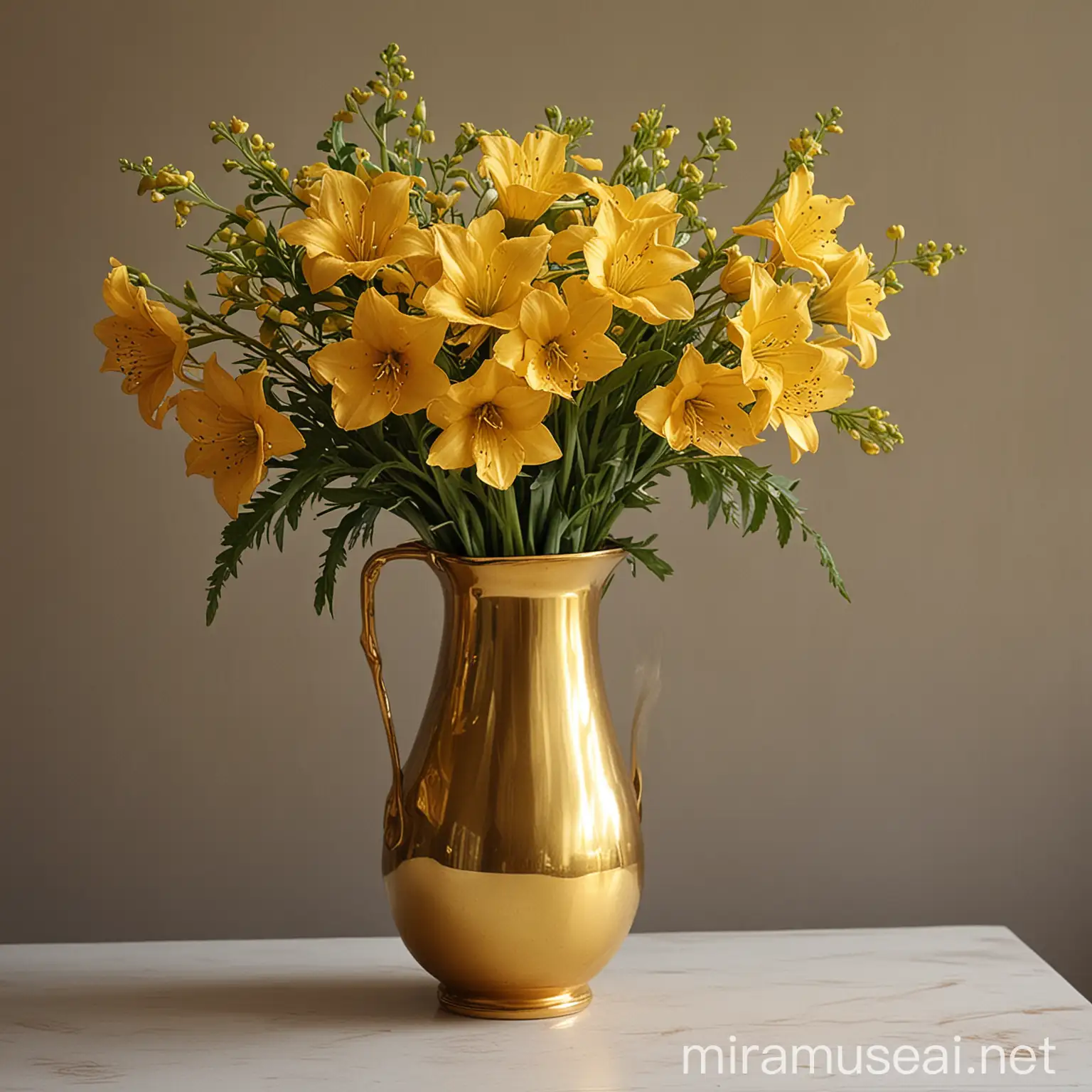 Golden Vase with Elegant Flowers on Dark Background