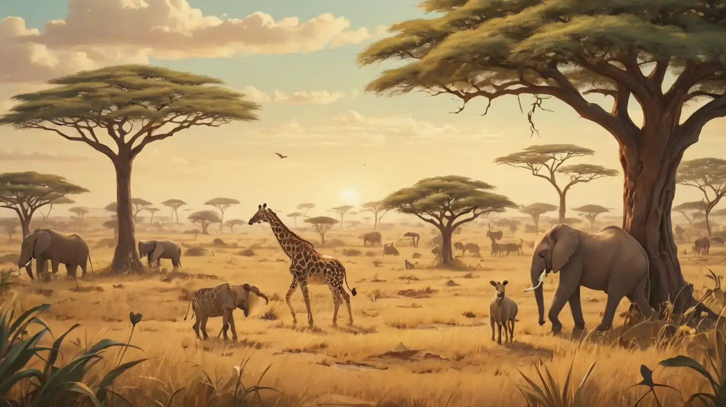 Whimsical illustration of the African savanna no animals