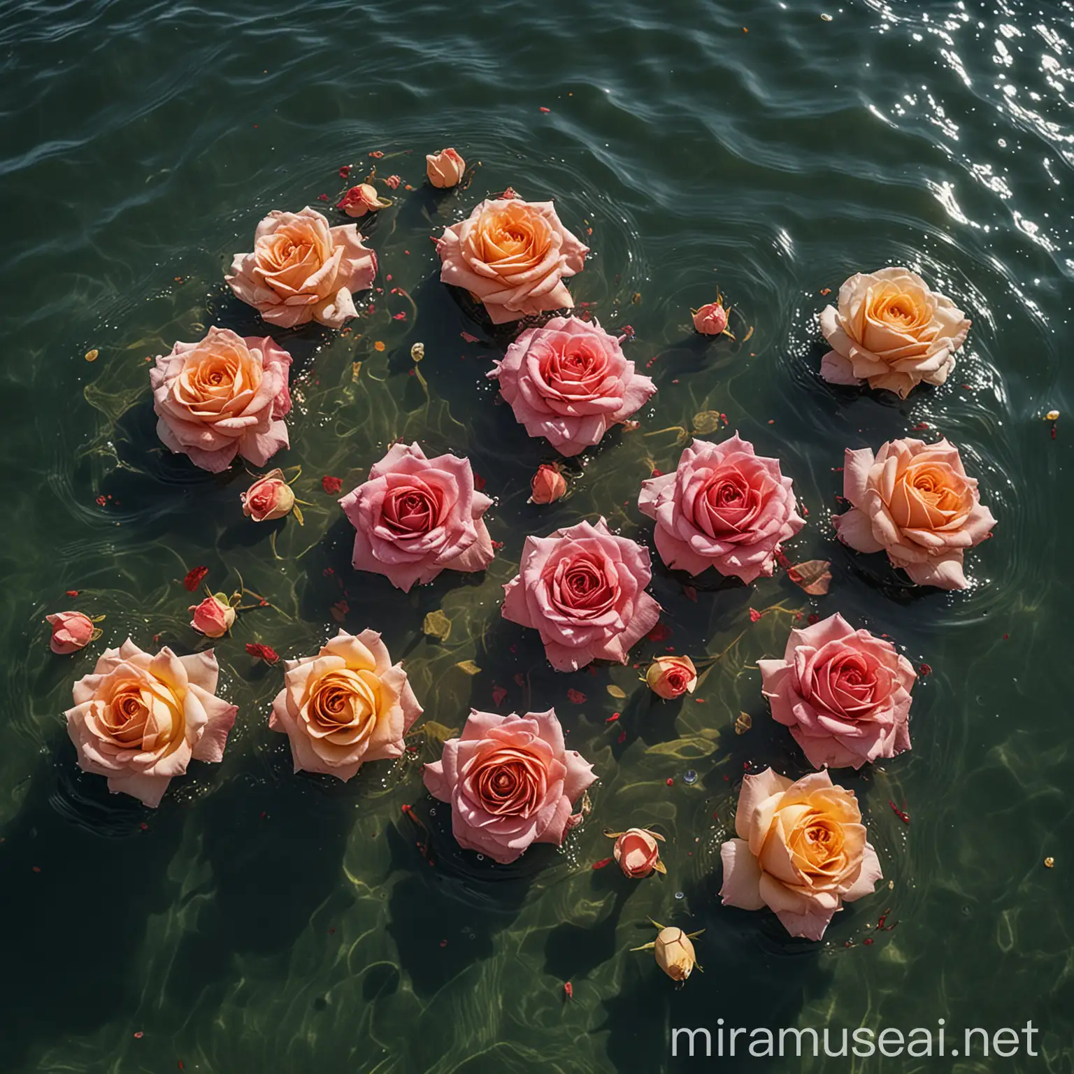 bloomed roses in different colors floating  in the sea