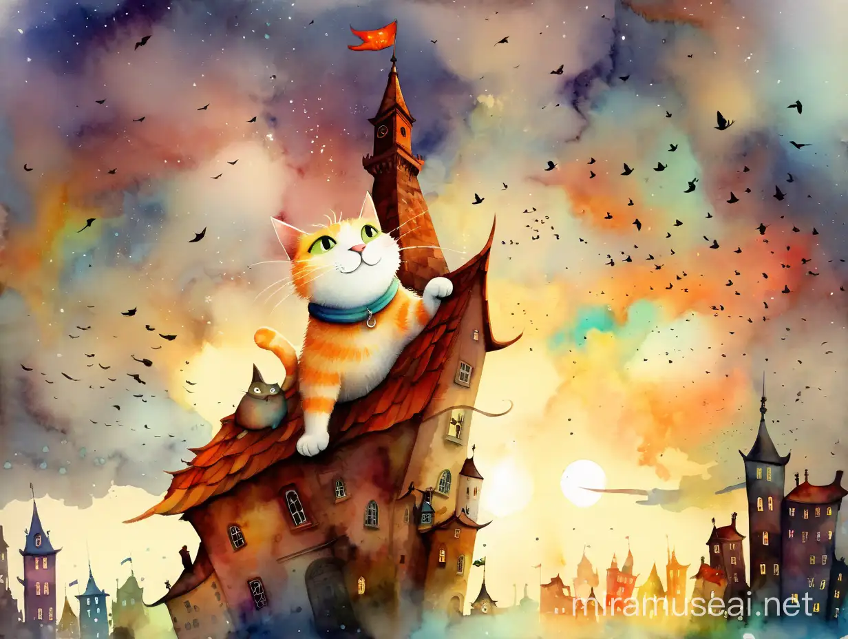кот падает с неба, внизу город, watercolour style by Alexander Jansson
