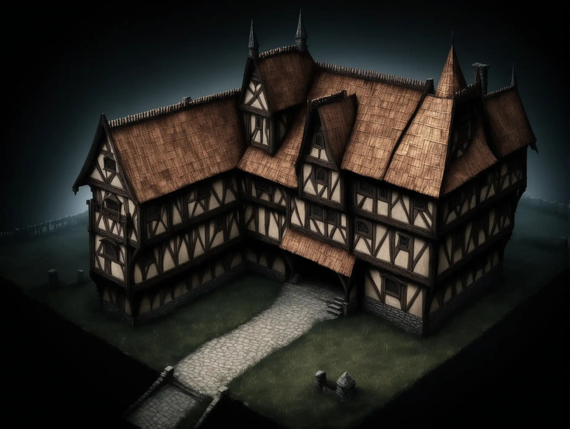 двухэтажного дома в средневековом стиле, фэнтэзи, на темном экране, внешний общий план, вид сверху