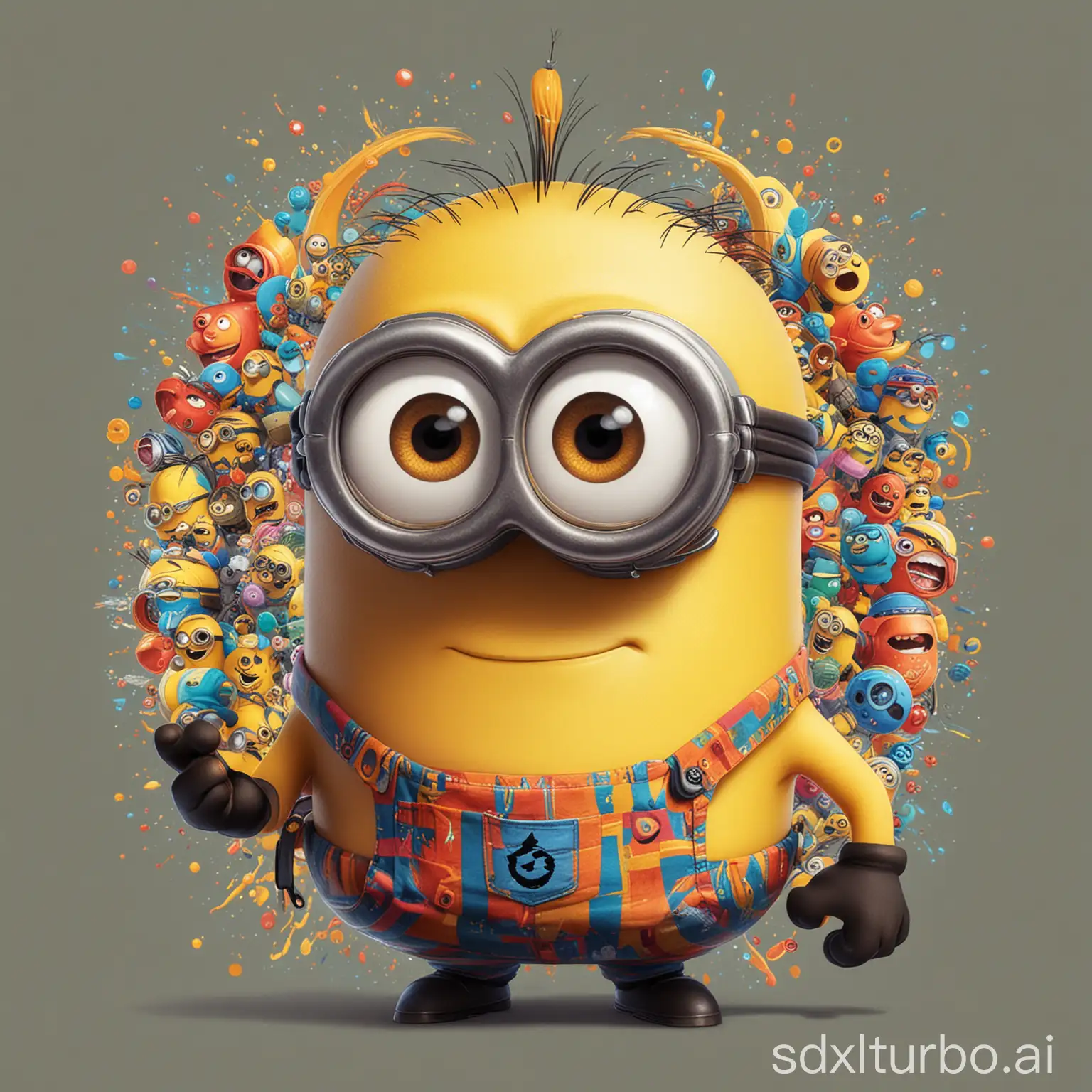 A minion with a defiant attitude wears a "去你的!" t-shirt in this digital painting. The minion's bright colors and bold graphic design grab attention, contrasting with its mischievous expression. The intricate details and vibrant hues showcase the image's whimsy and charm, as the animation highlights the minion's exaggerated features. 