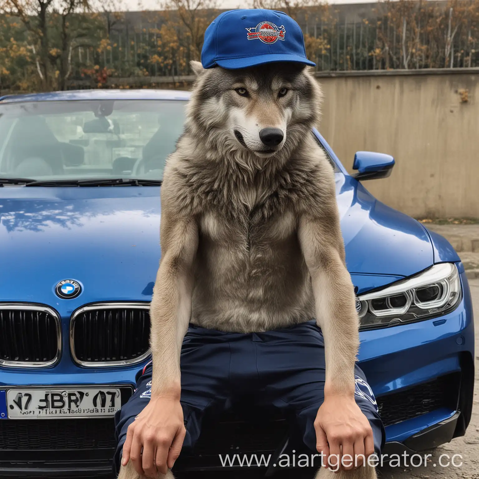 Волк с человеческим телом сидящий в синей бмв в кепке цска, лицо как на фото
