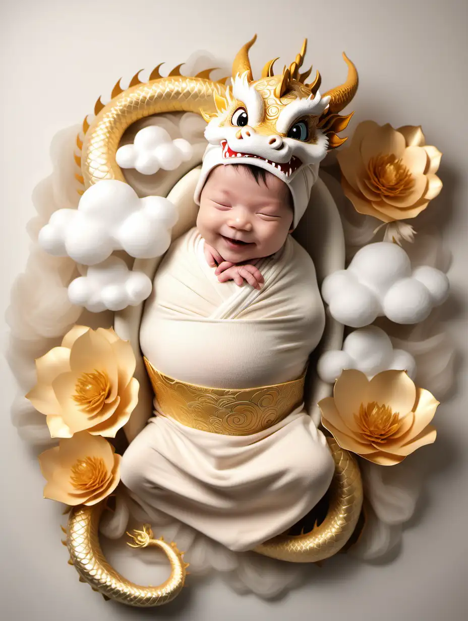 chinese dragon wrapped newborn baby smiling fantasy background with oriental flowers clouds and chinese dragon in light gold flowers white and clean neutrals boy dragon hat dragon background tail