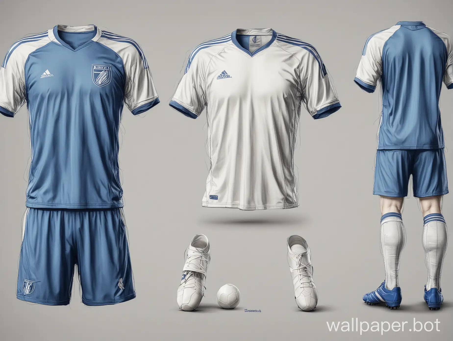 sketch soccer uniform blue white white background high detail form concept