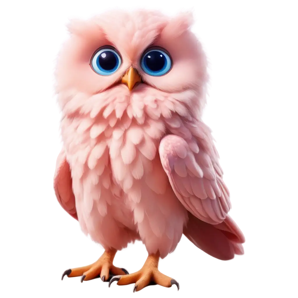 Cute pink baby owl with big blue galaxy eyes standing with no shadow 