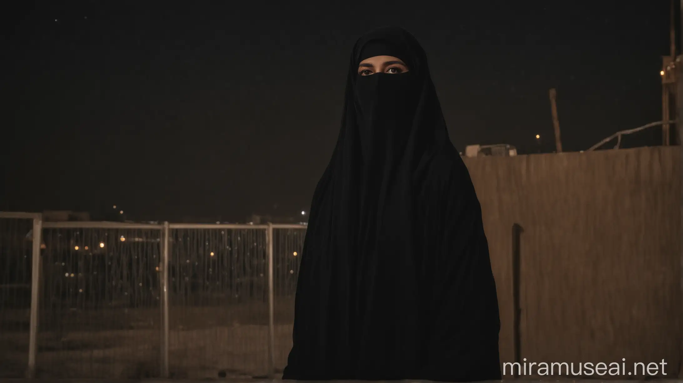 a woman in burkha standing outside at night
