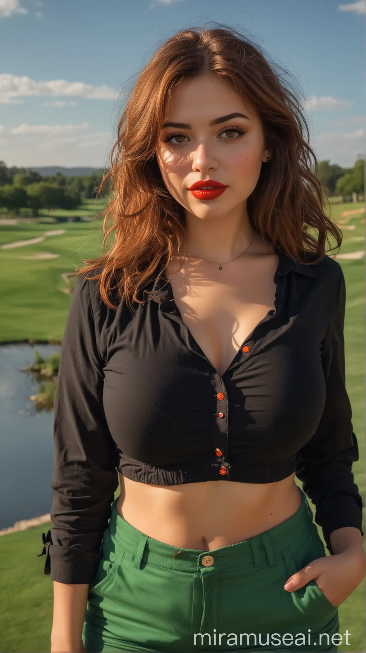4k Ai art beautiful USA curvy girl brown hair red lipstick nose ring ear tops iskaf green trousers and blue doted black shirt and orange bra in usa hollywood lakes golf club