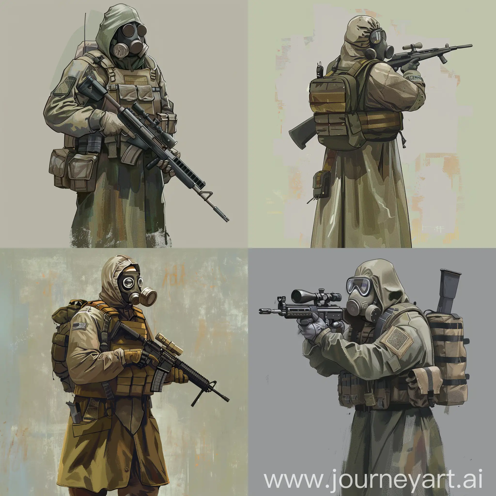 Hazmat soldier, concept character art, hazmat raincoat, gasmask, sniper rifle in the hands, small military backpack on the back, military vest.