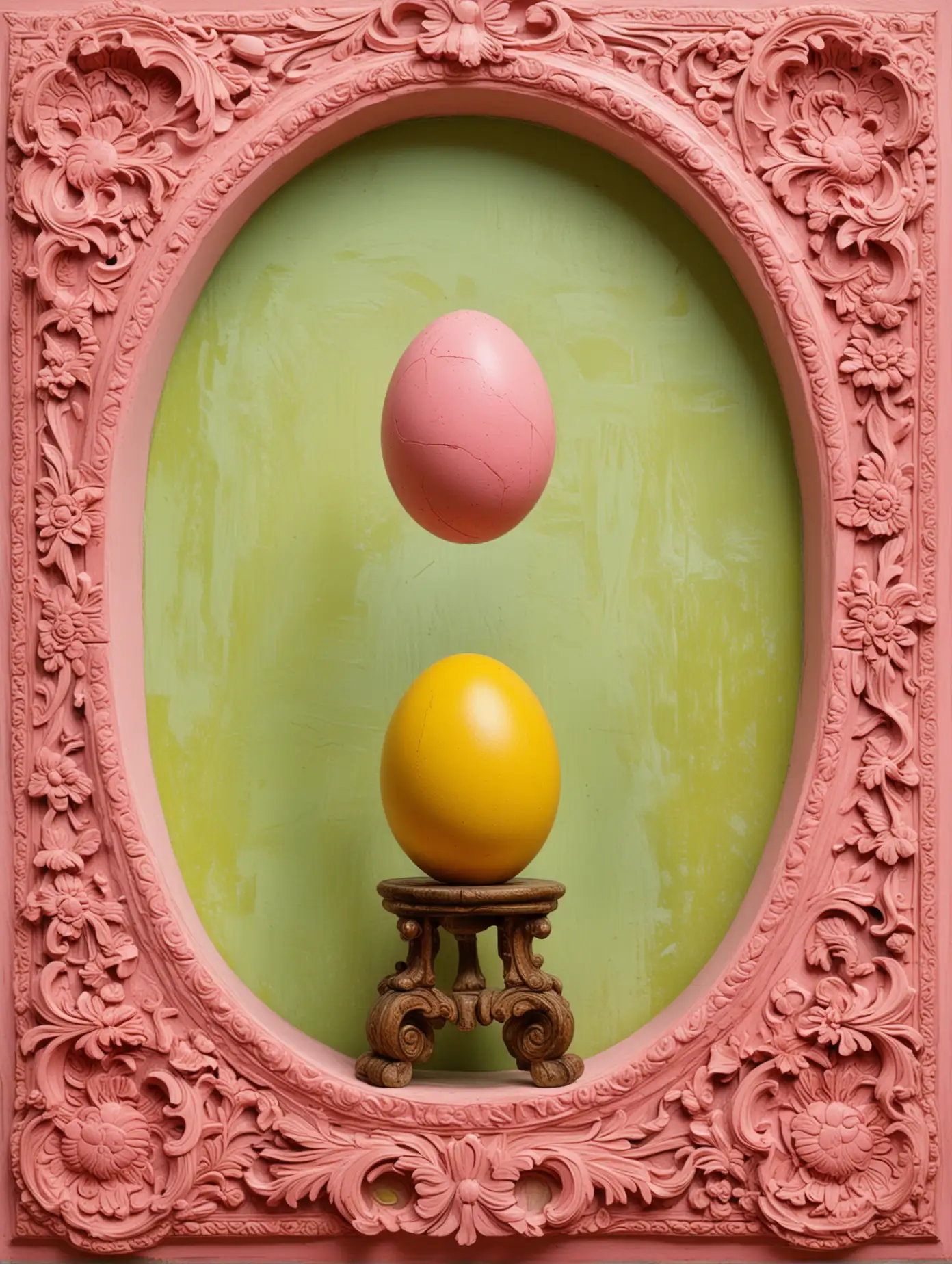 Fauvism ,Egg balancing,no people,yellow  green pink Barocco carved background,Barocco carved
