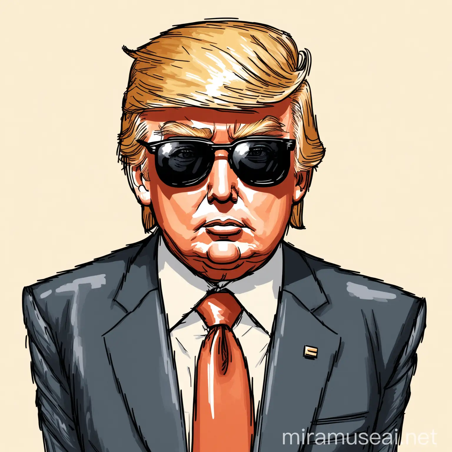hand-drawn illustration of Donald Trump in suit, wears sunglasses
