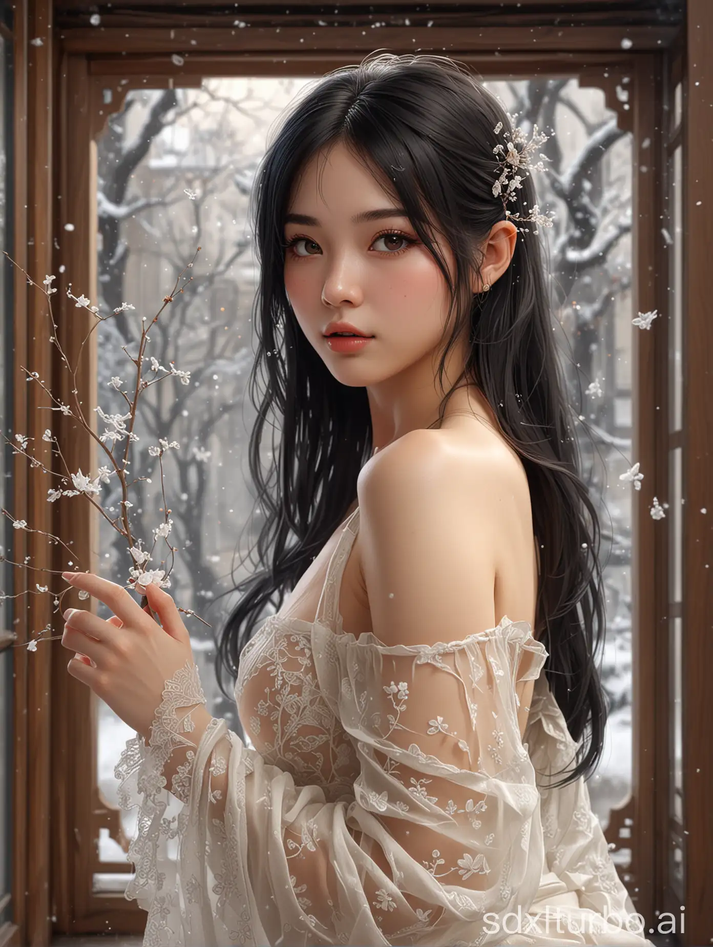 sanweihu, 1girl, solo, black hair, long hair, hair ornament, pointy ears, naked, closed mouth, lips, bangs, brown eyes, bare shoulders, hair stick, china guzhuang, snowing, <lora:Freehand_Brushwork:0.2>, <lora:bg_imgs-10:0.4>, bg_imgs, <lora:sketch_style:0.2>, <lora:zyd232_InkStyle_v1_0:0.2>, ink sketch, <lora:add_detail:0.4>, (see-through:1.4), best quality , masterpiece, illustration, an extremely delicate and beautiful, extremely detailed, Amazing, finely detail, masterpiece, best quality, official art, extremely detailed CG unity 8k wallpaper, absurdres, incredibly absurdres, huge filesize , ultra-detailed, highres, extremely detailed, beautiful detailed girl, hips, legs, spread Legs, wooden floor