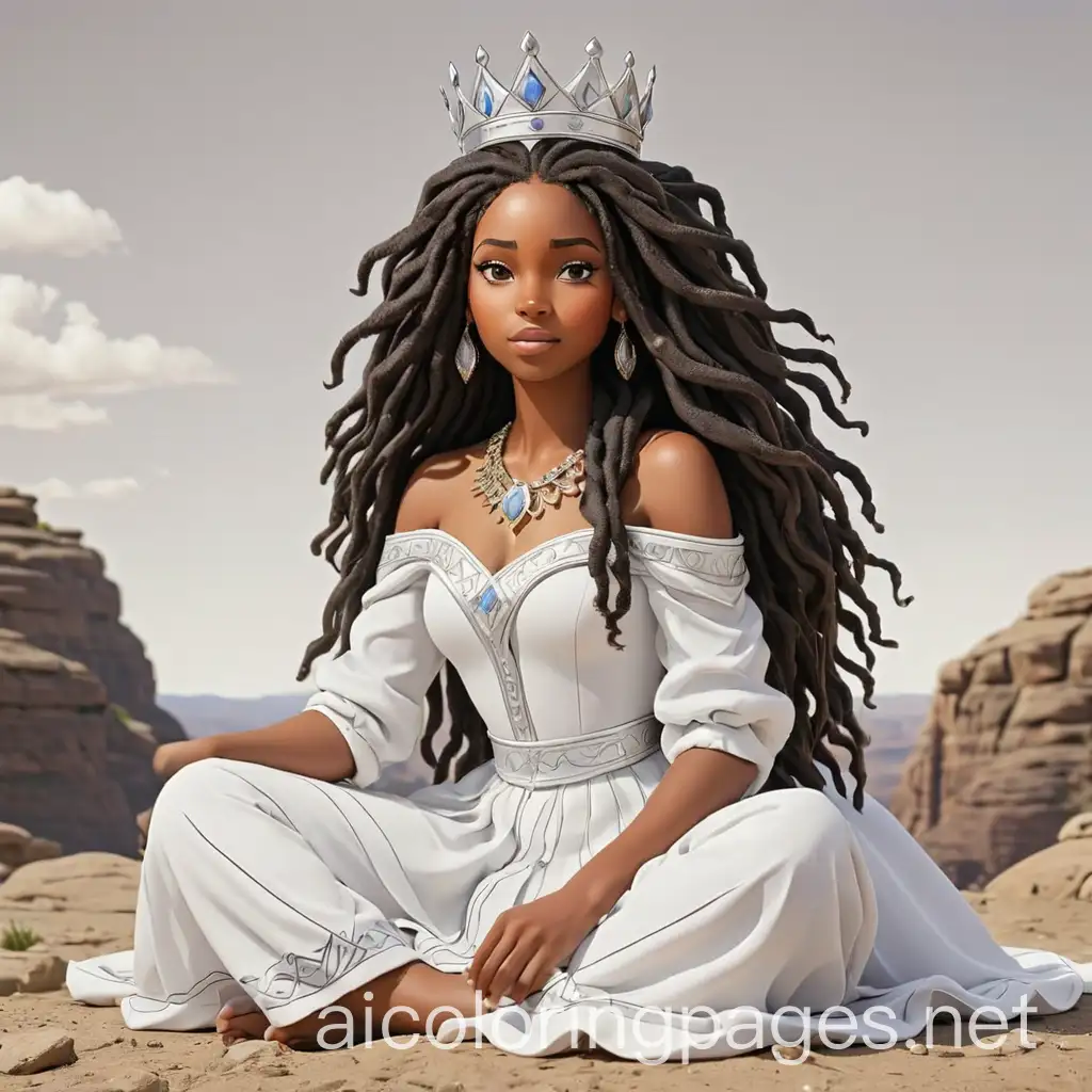 Black woman with long locs wearing a crown and royal garments sitting on top of the earth, Coloring Page, black and white, line art, white background, Simplicity, Ample White Space. The background of the coloring page is plain white to make it easy for young children to color within the lines. The outlines of all the subjects are easy to distinguish, making it simple for kids to color without too much difficulty
