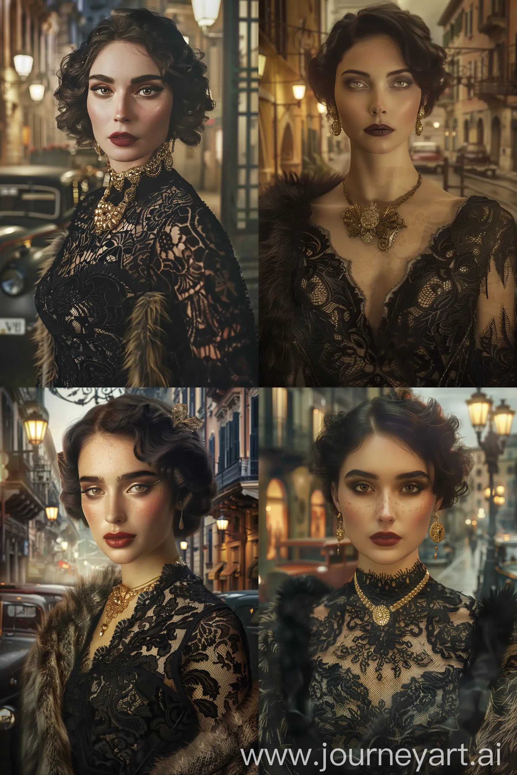 A stunning hyperrealistic film-noir portrait of a woman in the 1930s, adorned in elegant, art-deco inspired clothing. The woman exudes grace and glamour, with a dramatic expression and defined cheekbones. She wears a black lace dress, adorned with ornate gold jewelry and draped with a luxurious fur shawl. The background features an Italian street scene, with vintage cars and streetlights. The image is captured with a cinematic chiaroscuro effect, utilizing film grain to enhance the dramatic atmosphere and creating a sense of nostalgia., cinematic, --ar 4:6