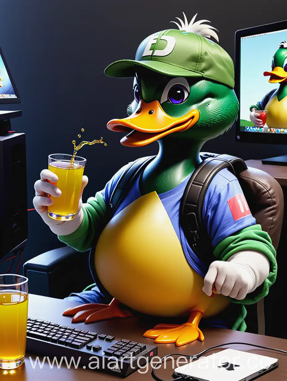 Playful-Duck-Gamer-Enjoying-Apple-Juice