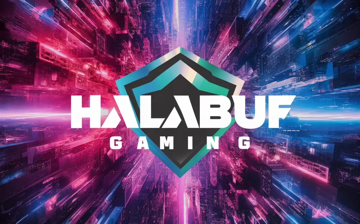 лого HALABUF GAMING на фоне города,разноцветные цвета ,4к 