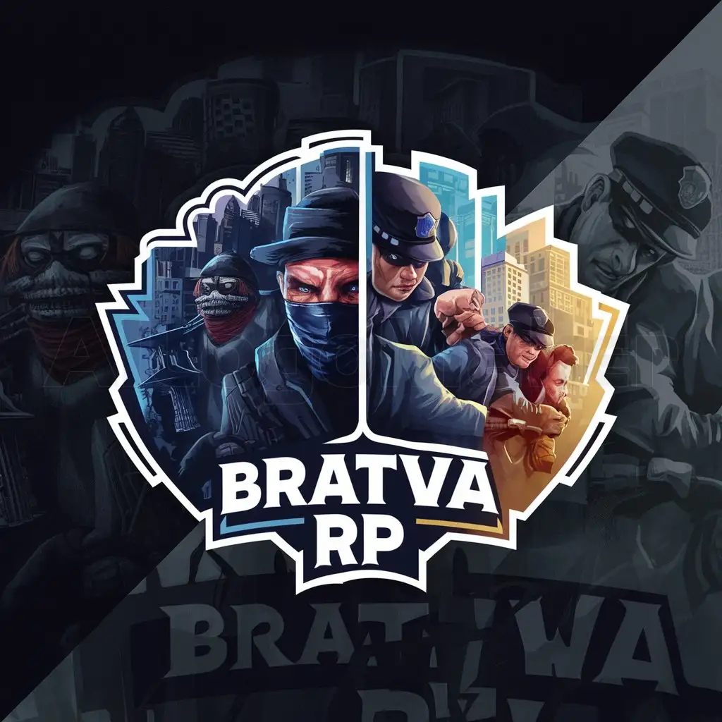 a logo design,with the text "Bratva RP", main symbol:Need to create a logo for a game in a bot game the game is like regular rp projects only in a bot, the logo should be divided into 2 parts on the left a dark city part and bandits in masks on the other light city part and police detained one of the criminals,complex,clear background