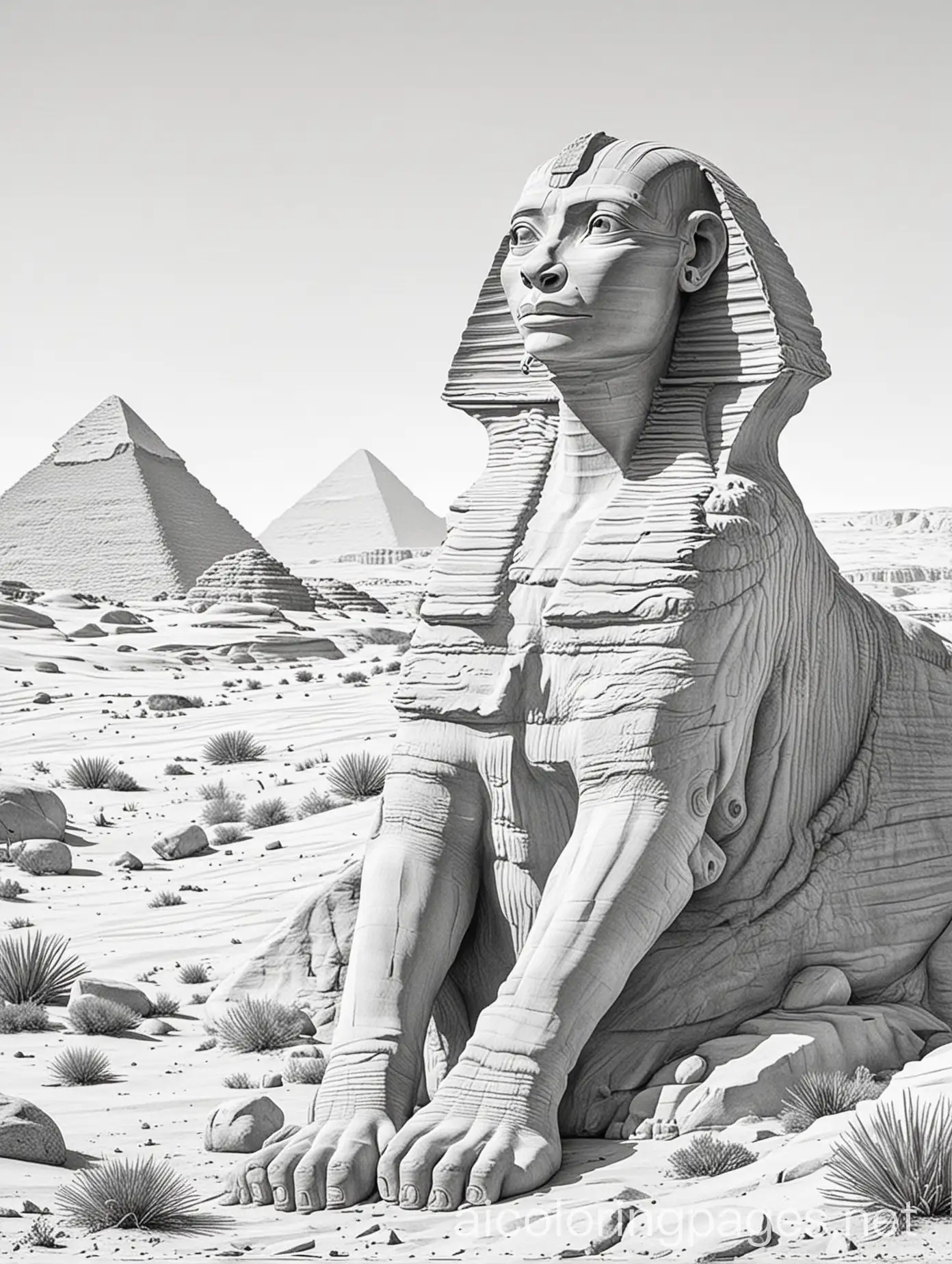 An oasis in the desert is guarded by a majestic sphinx, Colouring page, black and white, line drawing, white background, simplicity, lots of white space. The background of the colouring page is simply white to make it easy for children to colour within the lines., Coloring Page, black and white, line art, white background, Simplicity, Ample White Space. The background of the coloring page is plain white to make it easy for young children to color within the lines. The outlines of all the subjects are easy to distinguish, making it simple for kids to color without too much difficulty