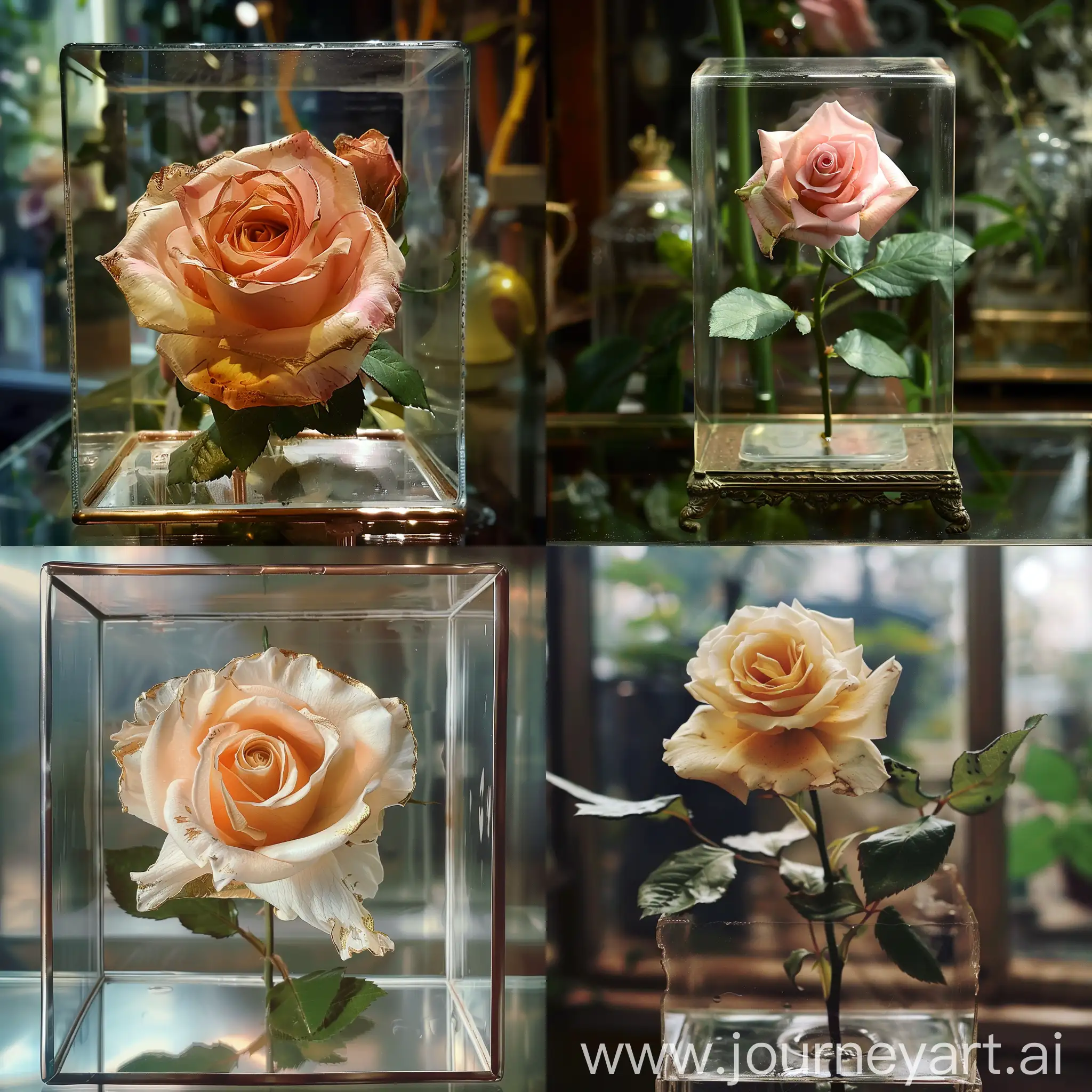 (real photo of a very beautiful and delicate flower) which is in a glass box rose, a masterpiece, beautiful, eye-catching, in a royal house, very beautiful, royal, royal, flower in glass