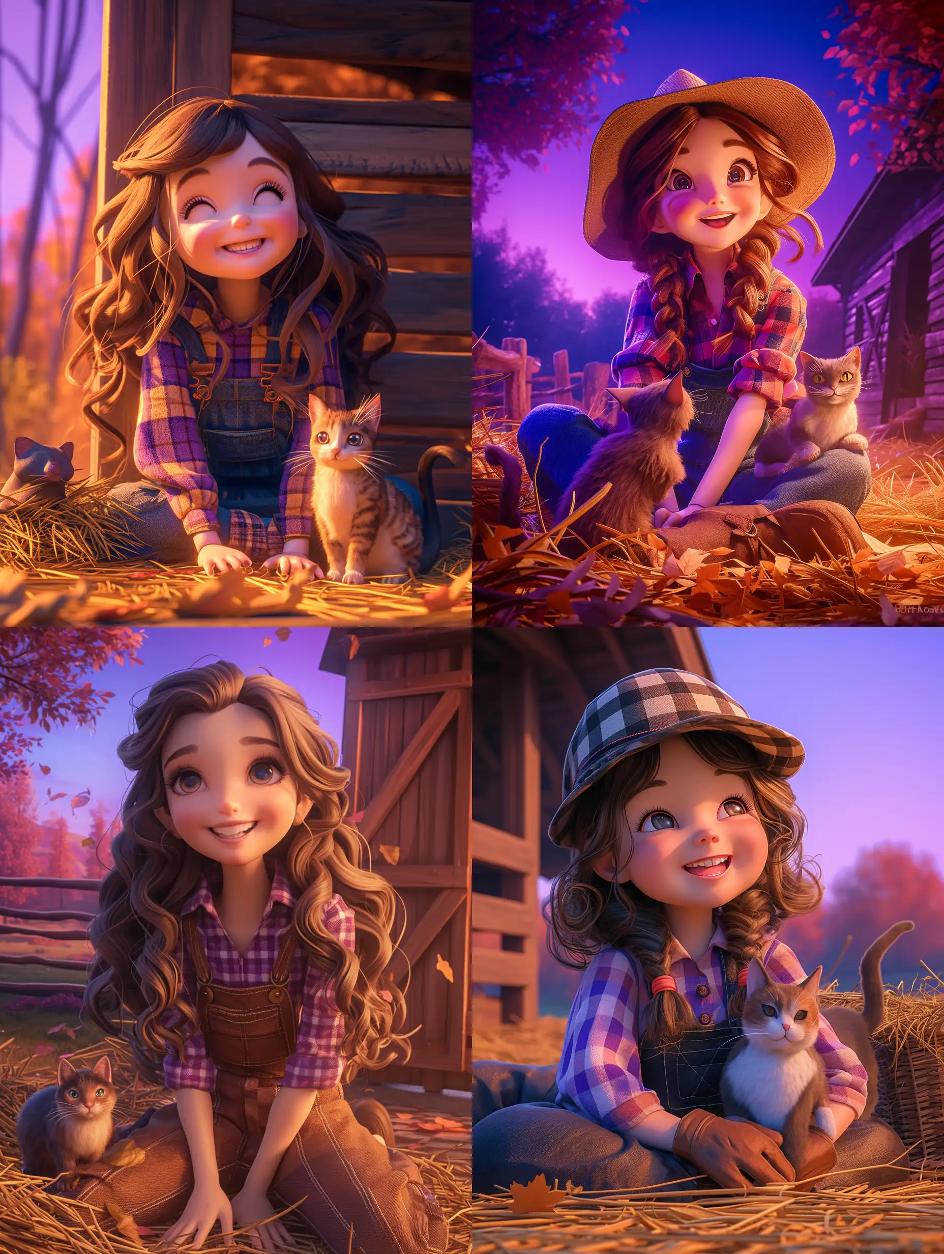 a happy smiling little brunette farmer girl disney princess in fall outfit, sitting in barn with cat , checkered fashion, park, purple pink blue autumn colors, dawn, 3D render, doll-like , CGI VFX fine art, ZBrush HDR | color grading | dark shadows | ambient occlusion | high resolution | intricate | hyperrealistic textures, against an ultra-realistic background with high details and surreal elements. :: anime::-0.1 --niji 6 --s 250