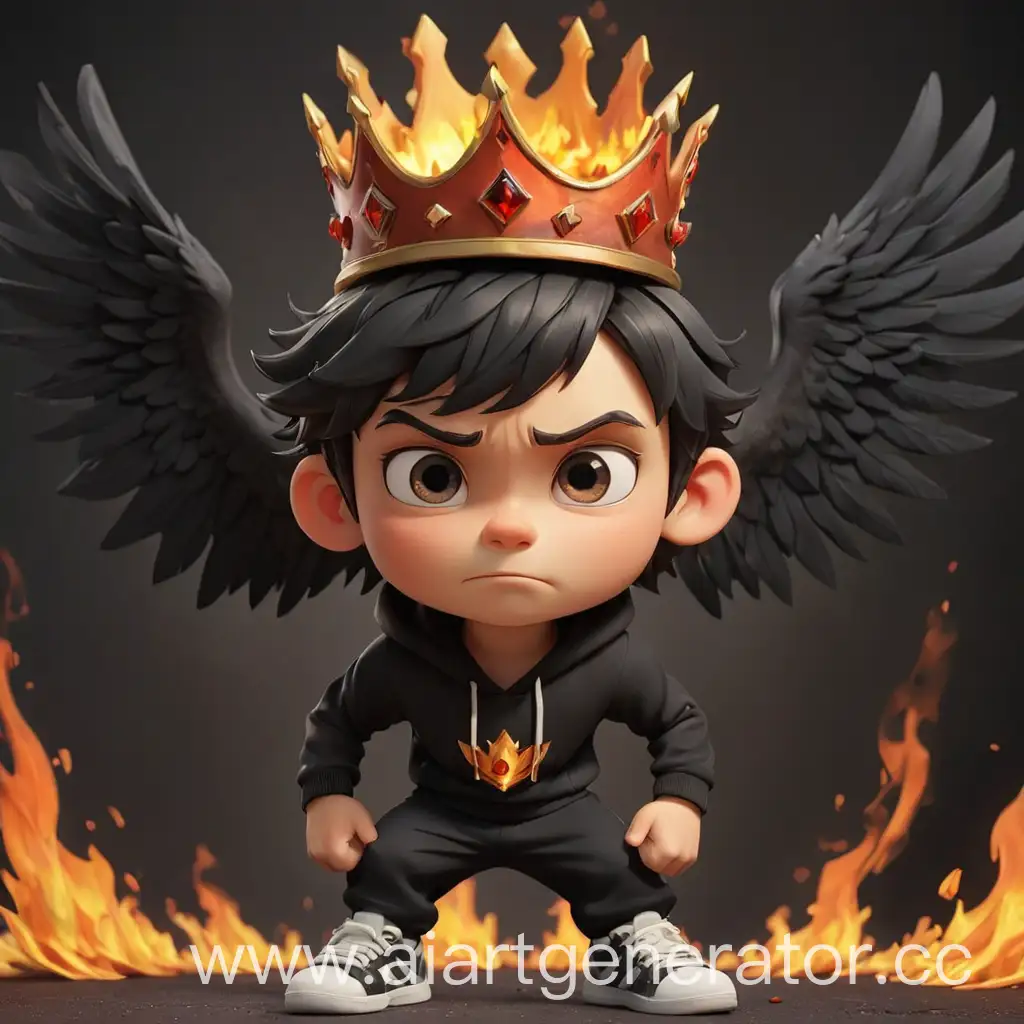 make character boy. boy is workout boy. his clothes are black. crown on the head. 
fire wings background.