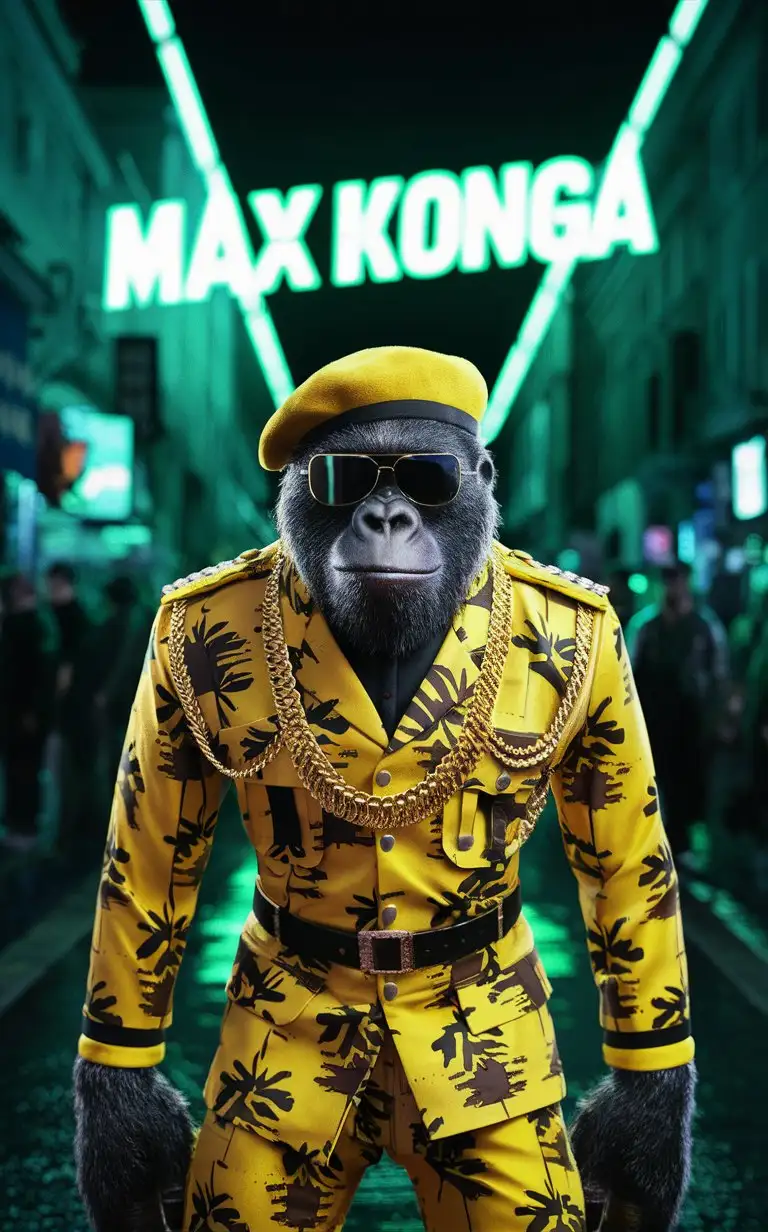 Gorilla is wearing yellow hawaiian pattern military clothes with ornaments and gold chains. He also wears a yellow beret and dark sunglasses. He is standing with green neon  lights behind him.lights reflects on his sunglasses  The words "MAX KONGA" Are written in neon lights. Street nightlife.