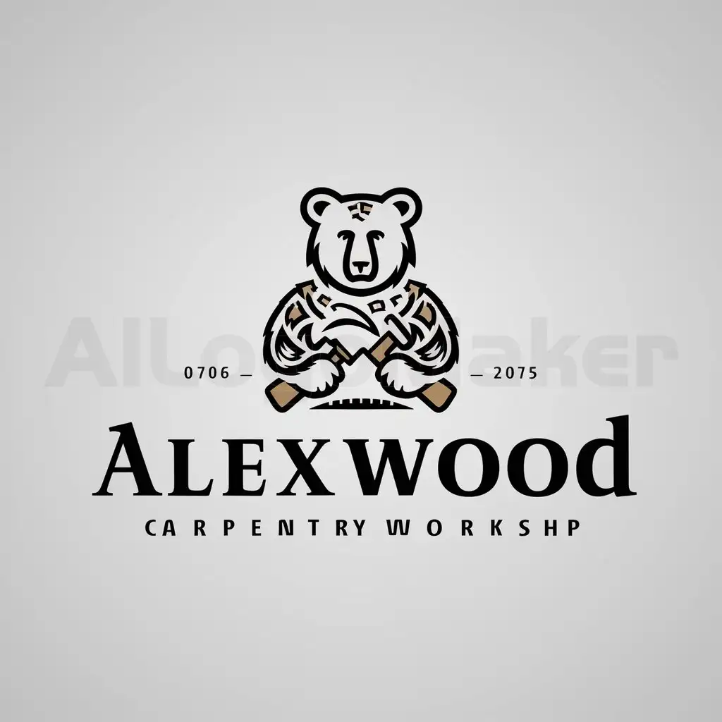 a logo design,with the text "AlexWood", main symbol:Carpentry workshop bear,complex,be used in Others industry,clear background