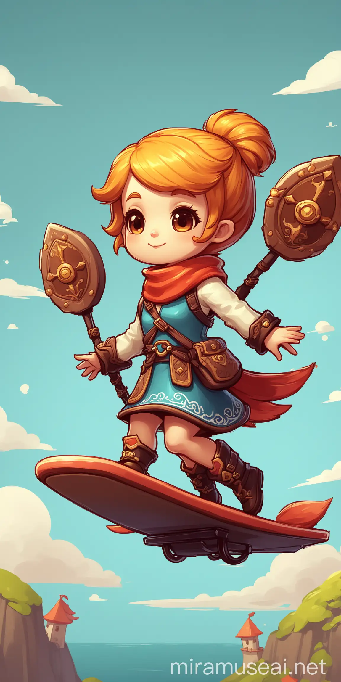 stylized, cute rpg character, on flying board, for thumbnail