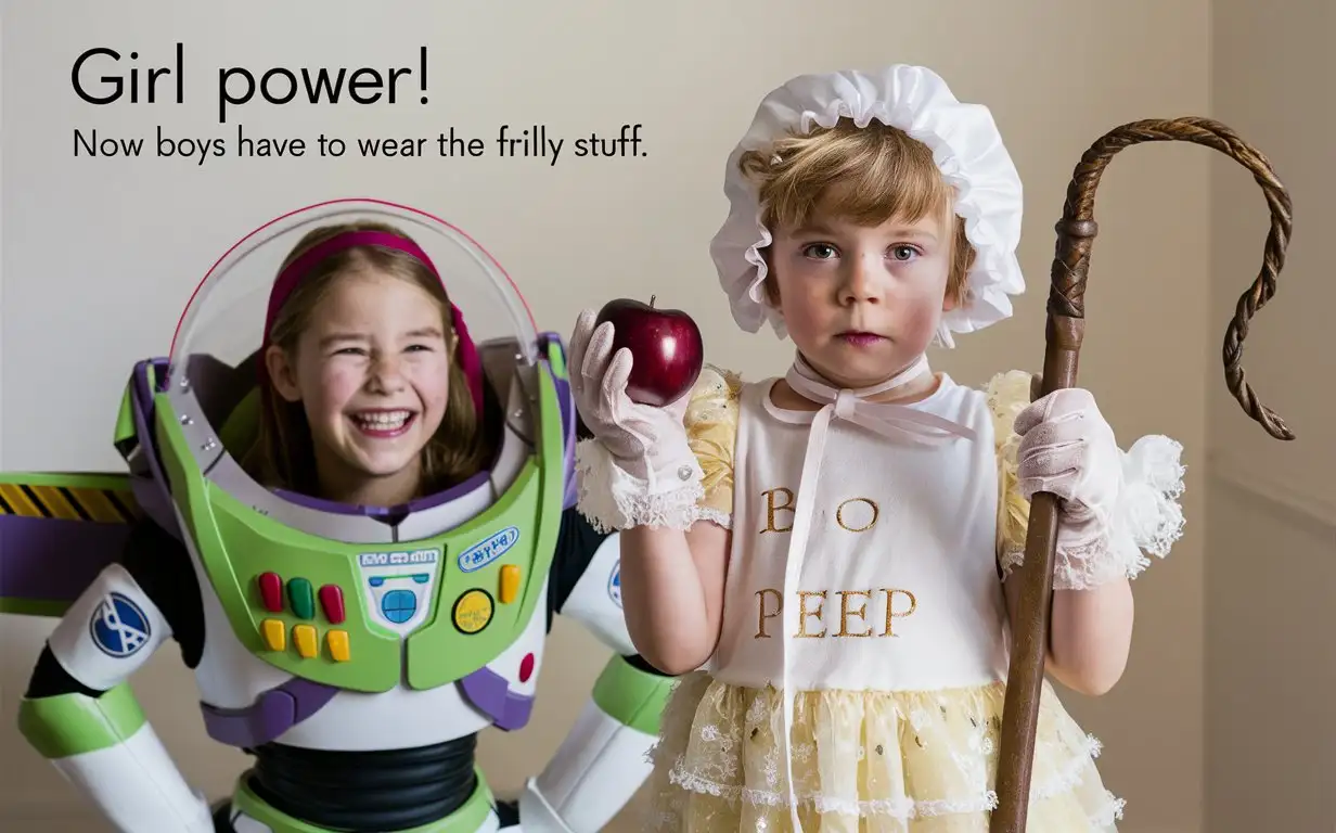Gender role-reversal, Photograph of a 9-year-old smiling girl wearing a Buzz Lightyear costume, a British white cute 7-year-old little moody boy with short curly brown hair shaved on the sides wearing a frilly white Bo Peep dress and gloves and bonnet holding a crook and red apple, English, perfect children faces, perfect faces, smooth, the photograph is captioned “Girl power! Now boys have to wear the frilly stuff!”