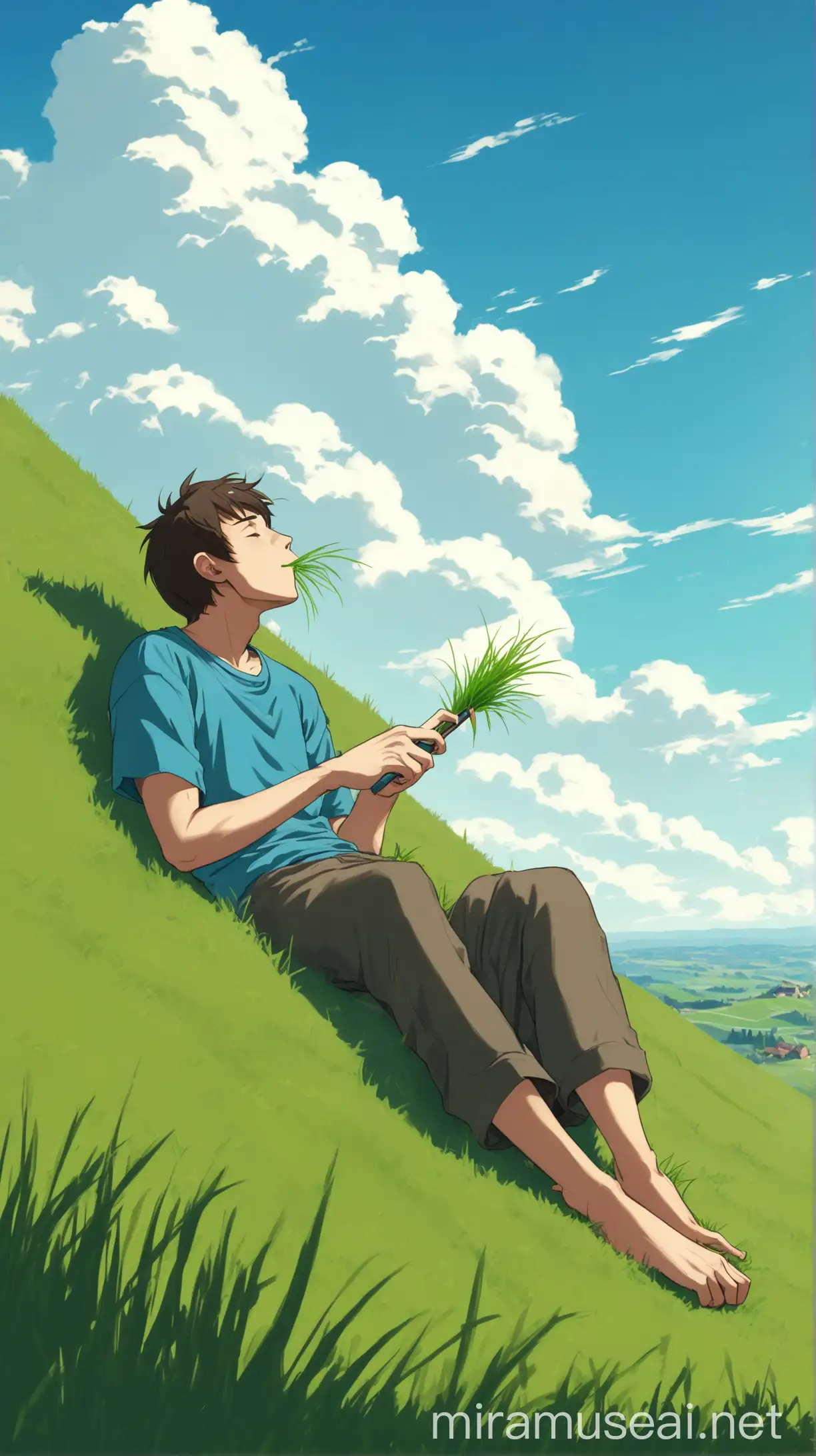 一个慵懒地躺在春日的山坡上，嘴里衔着一根野草茎，看向蓝天白云的农村少年。