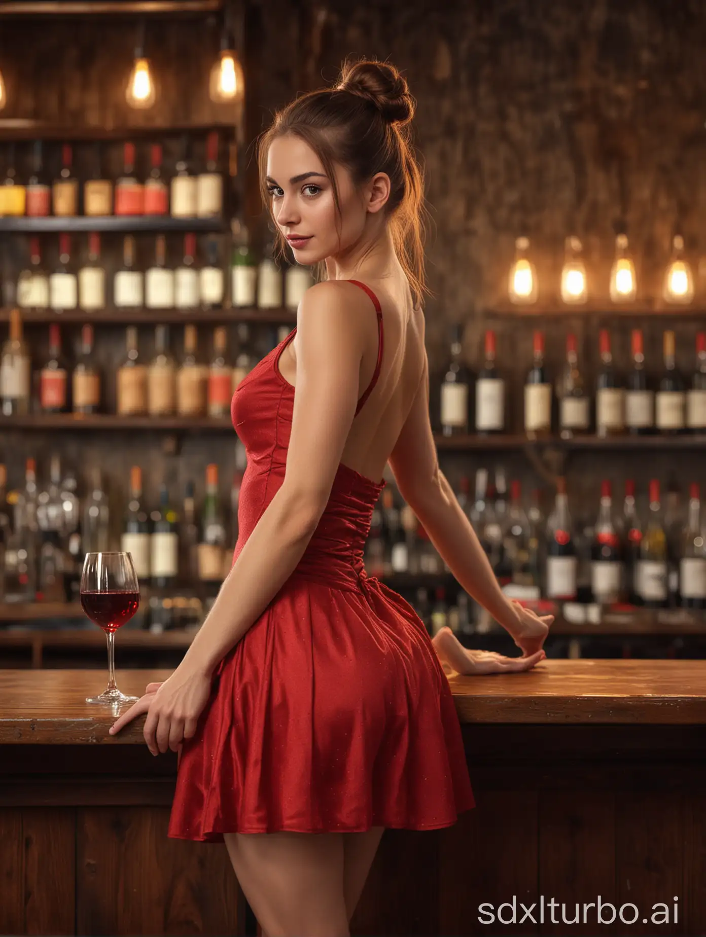 young Caucasian woman, long brown hair tied up as ballerina bun, slim body, wearing red sexy sleeveless dress, in a bar, a glass of wine nearby, in the evening, background bokeh, realistic, front view