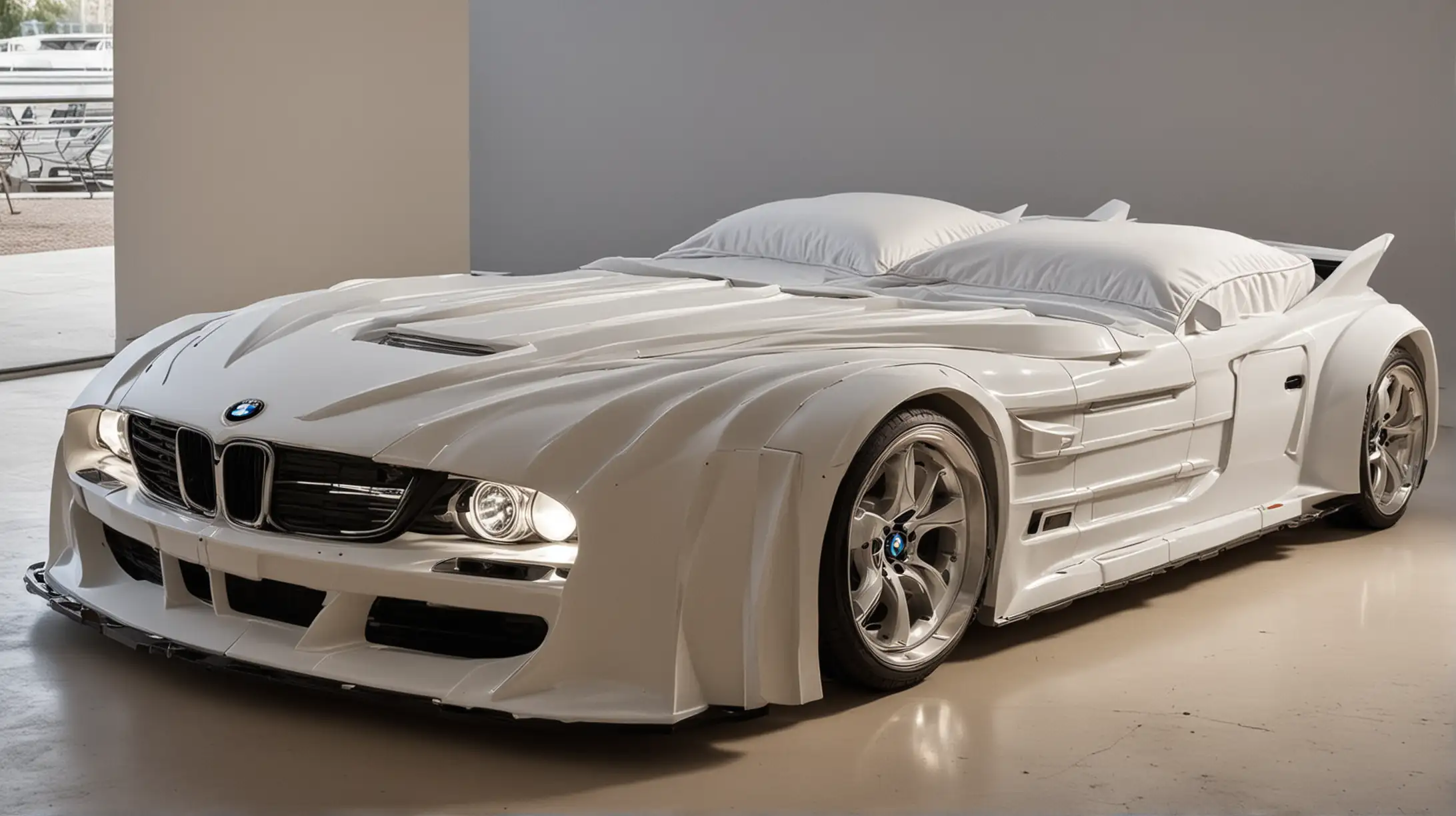 Double bed in the shape of a BMW car with headlights on