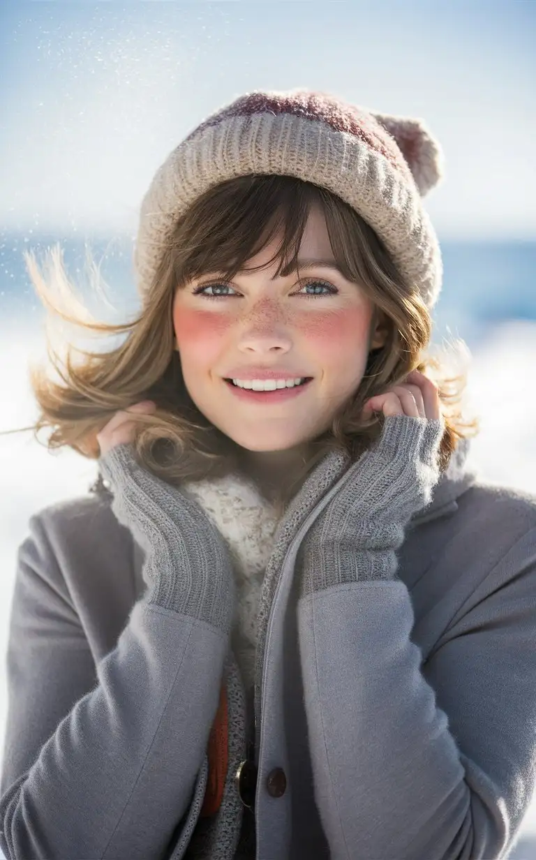 Portrait of Emma Stone in a hat, 20 yo，cold winter, snowy, with winter outfit, with light red powder blusher, in a close up shot, with sunlight, outdoors, in soft light, with a beach background, looking at the camera, with high resolution photography, in the style of Hasselblad X2D50c