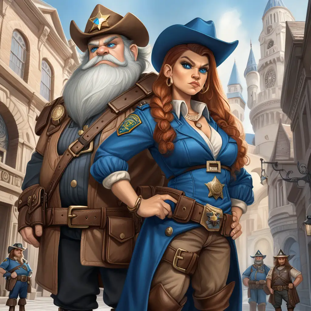 Fantasy themed. A stern and imposing dwarf woman clad in sheriff's attire, Elda has a no-nonsense attitude and a reputation for fairness and bravery. Her sharp blue eyes miss nothing, and she commands the respect of the city guard.
