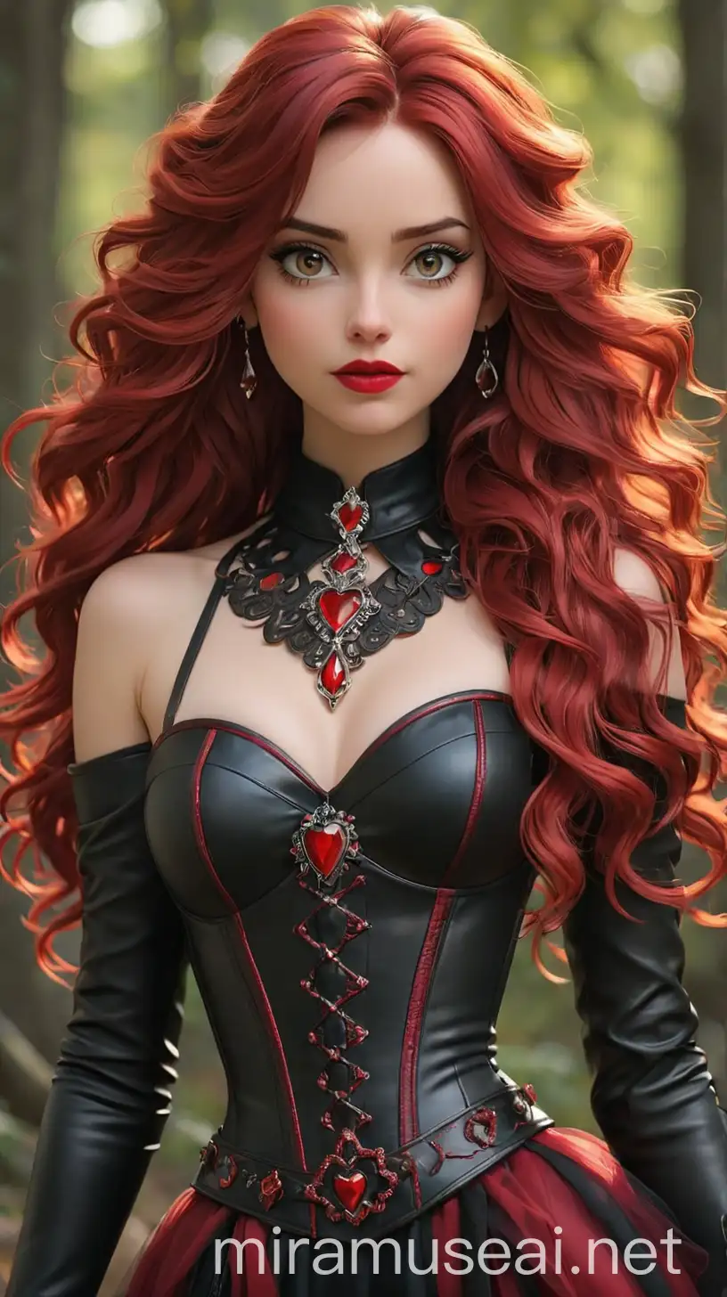 A striking young woman with flowing crimson red hair that cascades down her back in loose waves, often adorned with black velvet ribbons or heart-shaped clips. Her piercing jet-black eyes hold an intense gaze that captivates those around her. She possesses fair porcelain skin with a faint rosy blush, adding to her ethereal allure. Rosalind's slender frame is accentuated by her signature leather attire, which she wears with confidence and poise. Her outfit embodies a fusion of dark Y2K and princesscore aesthetics with a modern twist. She wears a sleek black leather corset adorned with intricate heart-shaped designs in crimson red stitching, cinching her waist elegantly. Over the corset, she layers a flowing crimson red tulle skirt, reminiscent of her royal lineage, with subtle hints of rosy pink peeking through the layers. Her ensemble is completed with knee-high black leather boots adorned with silver heart-shaped buckles, adding a touch of edgy sophistication. Rosalind accessorizes with a choker necklace featuring a heart-shaped pendant encrusted with rubies, symbolizing her connection to the Queen of Hearts. In her hair, she often dons a delicate crown crafted from blackened silver and adorned with sparkling red gemstones, a nod to her royal heritage. Rosalind's makeup is bold yet feminine, with dramatic winged eyeliner, deep crimson lips, and a subtle rosy pink blush to accentuate her features. Overall, Rosalind exudes an aura of mystery and allure, embodying the perfect blend of darkness and romance in her unique sense of style.