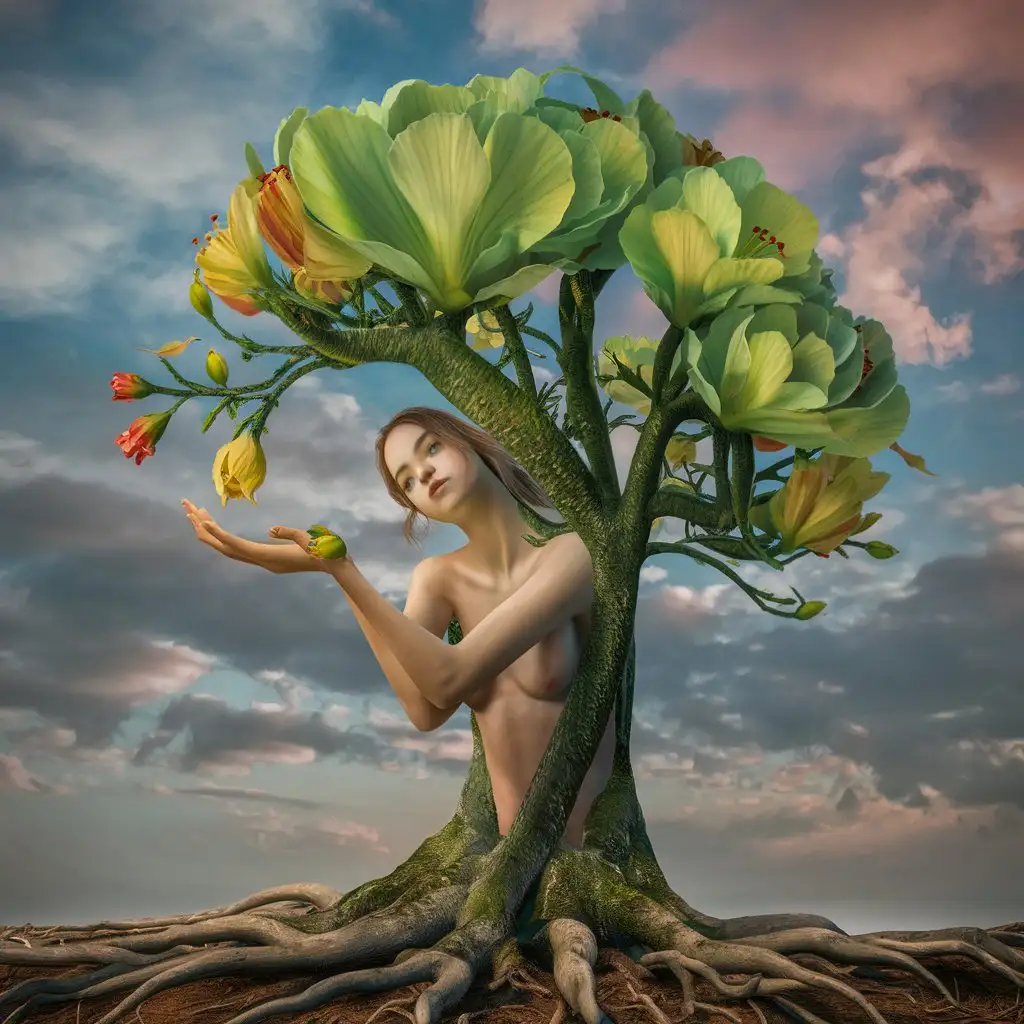 The symbolic image of digital art and Surreal, about environmental protection, about a woman who looks like a tree in the ground and her hand is facing the sky and there is a flower bud in her hand. Please design a unique and special one for me. Sure, here are the color pattern codes in English:

 1. **Patterns for petals and leaves:**
    - Green: #2E8B57
    - Yellow: #FFFF00
    - Red: #FF0000
    - Orange: #FFA500

 2. **Patterns for tree lines:**
    - Green: #008000
    - Brown: #8B4513
    - Gray: #2F4F4F

 3. **Patterns for sky and clouds:**
    - Blue: #87CEEB
    - Pink: #FF69B4

 4. **Patterns for water and rivers:**
    - Light blue: #00BFFF
    - Dark blue: #1E90FF

 5. **Patterns for seeds and grains:**
    - Brown: #A0522D
    - Yellow: #FFD700
    - Orange: #FFA500

 You can use these color codes in your design to convey the message of environmental conservation and tree planting effectively.