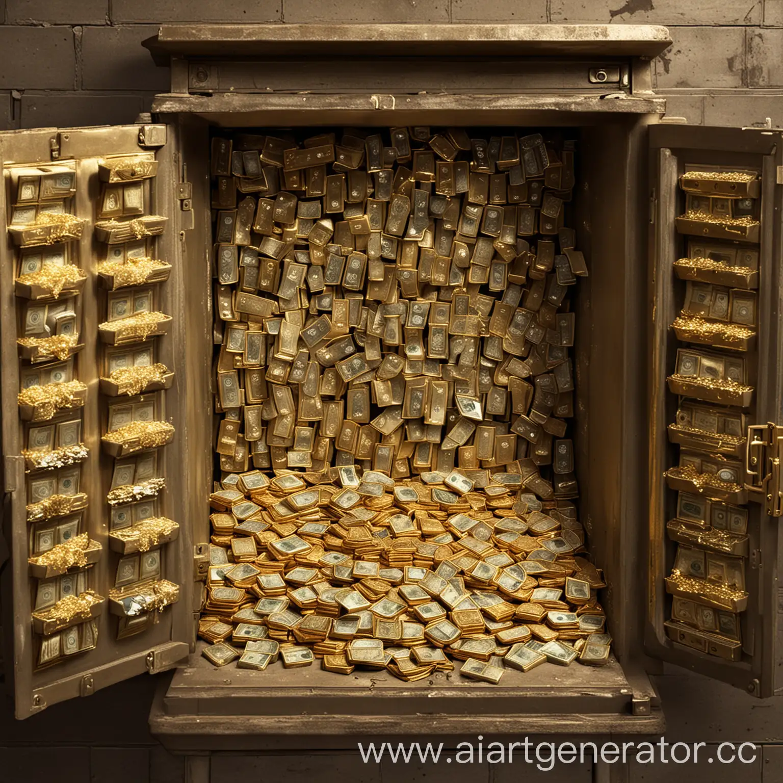 Open safe. Inside gold bars. Bundles of money. Diamonds.