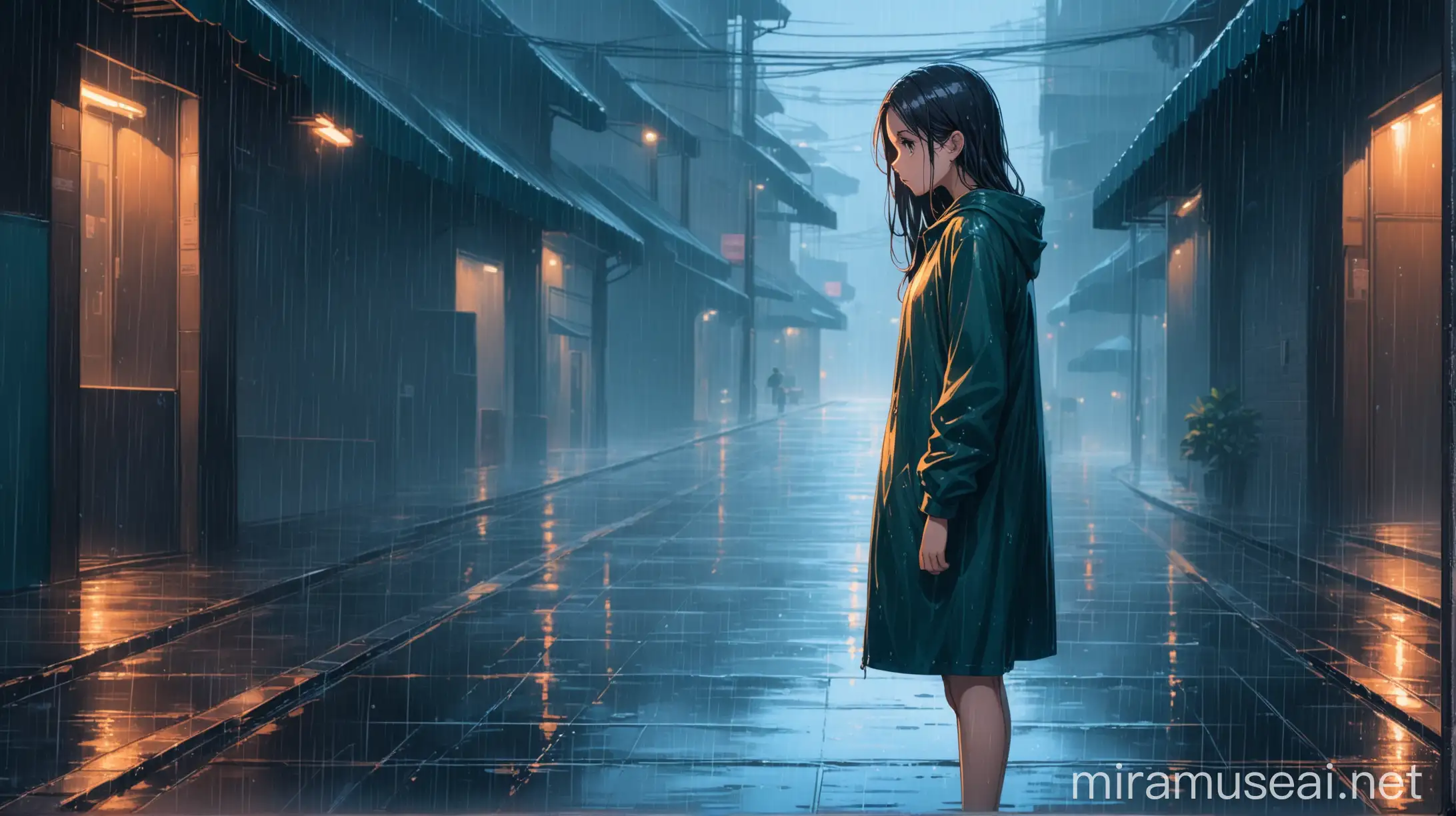 Young Girl Standing Pensively in Rainy Street
