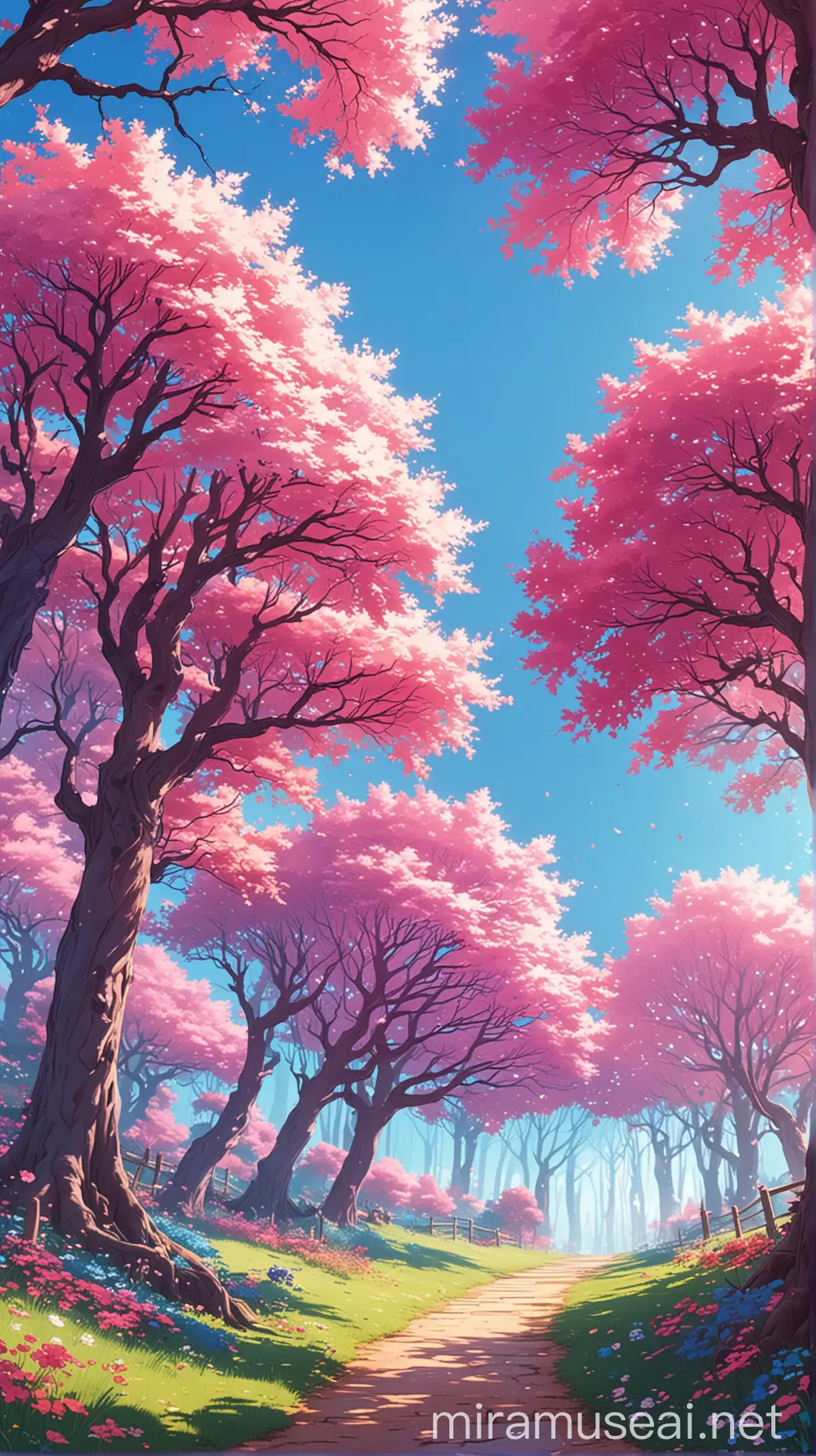 cute kawaii, anime, magical , trees, nature, pink blue, colorful