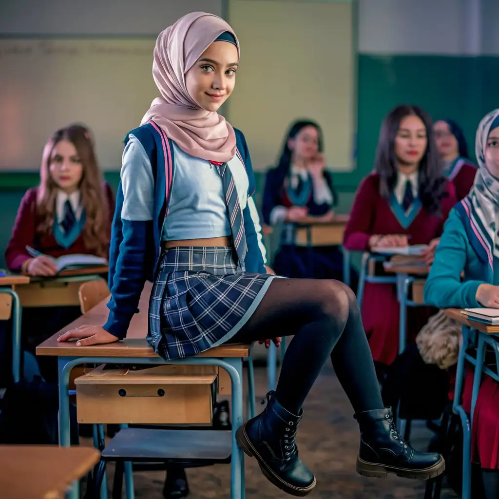 A beautiful girl.  14 years old. She wears a hijab, skinny shirt, so mini school skirt, black opaque tights, small winter boots,
She is beautiful. She makes squat on the teacher desk.
Side view, in classroom, elegant sits, petite. The classroom is full girl students. 