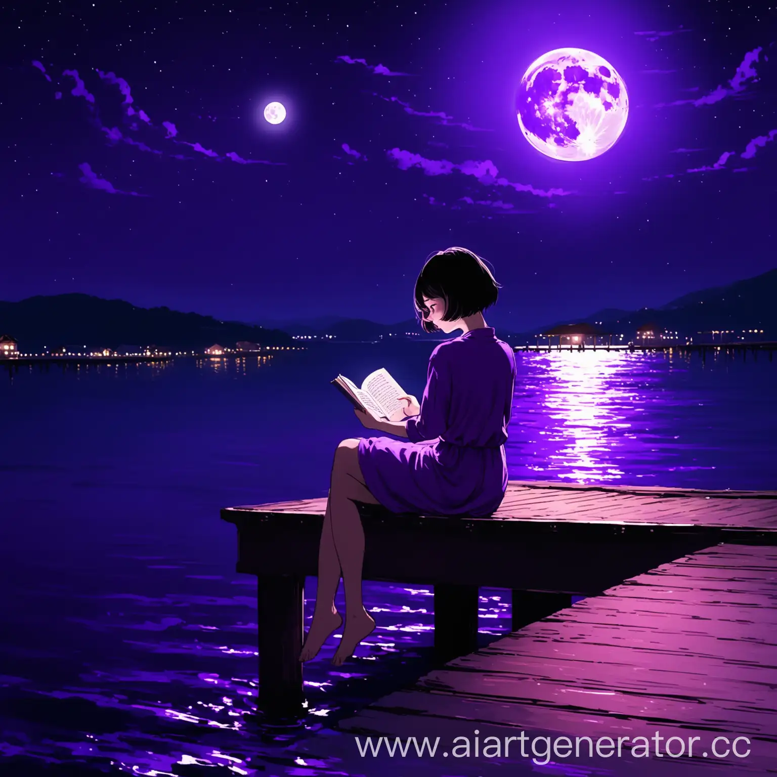 Девушка с короткими волосами сидит на пирсе в фиолетовой ночи, при полной луне, читая книгу
